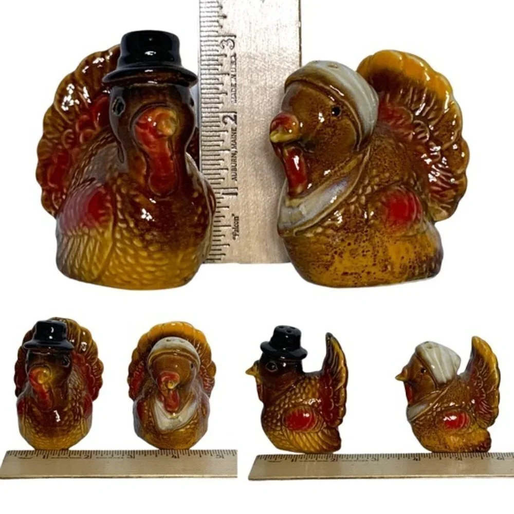 Thanksgiving Harvest Turkey Salt and Pepper Shaker Ceramic Set Rustic Fall Color
